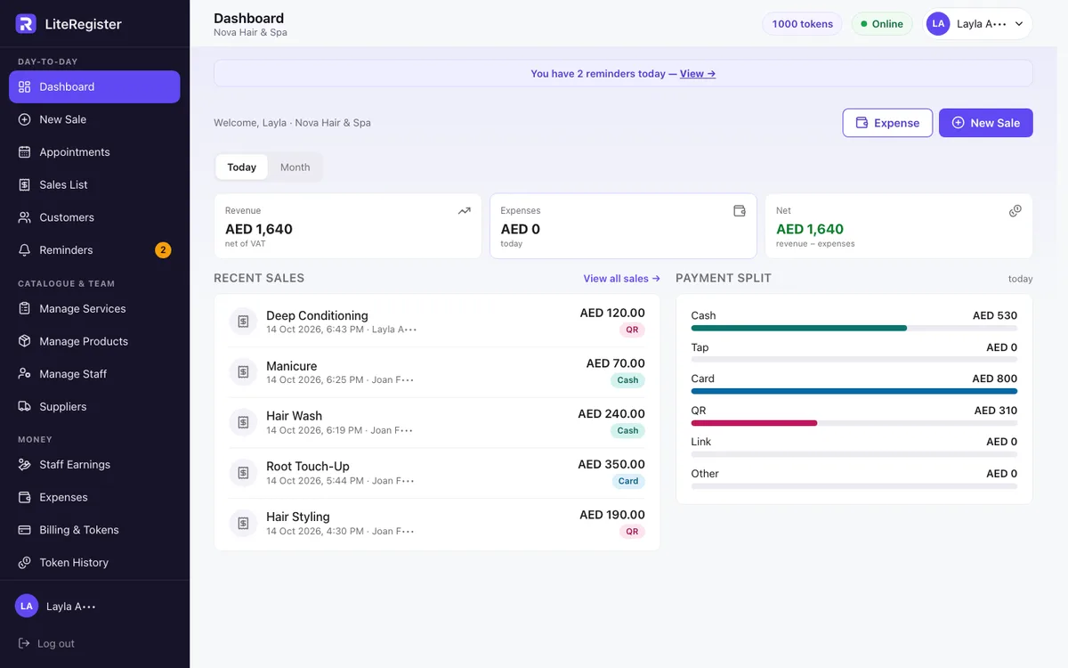 The LiteRegister dashboard on a computer (demo data)