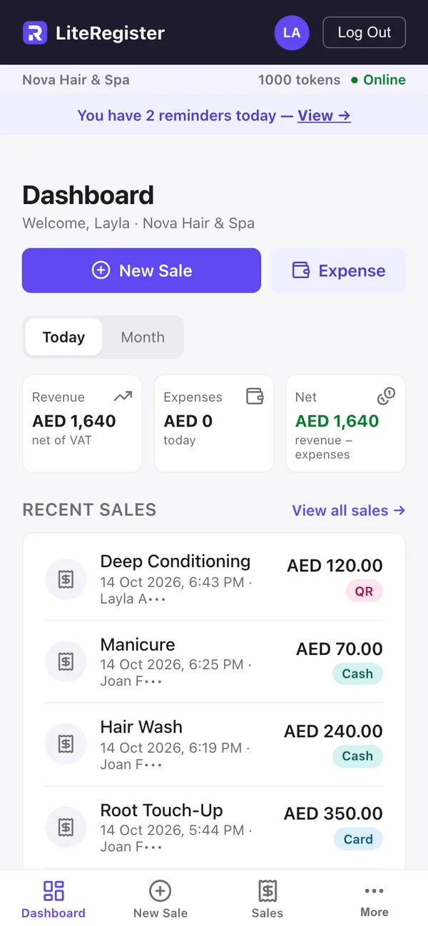 The LiteRegister dashboard on a phone (demo data)
